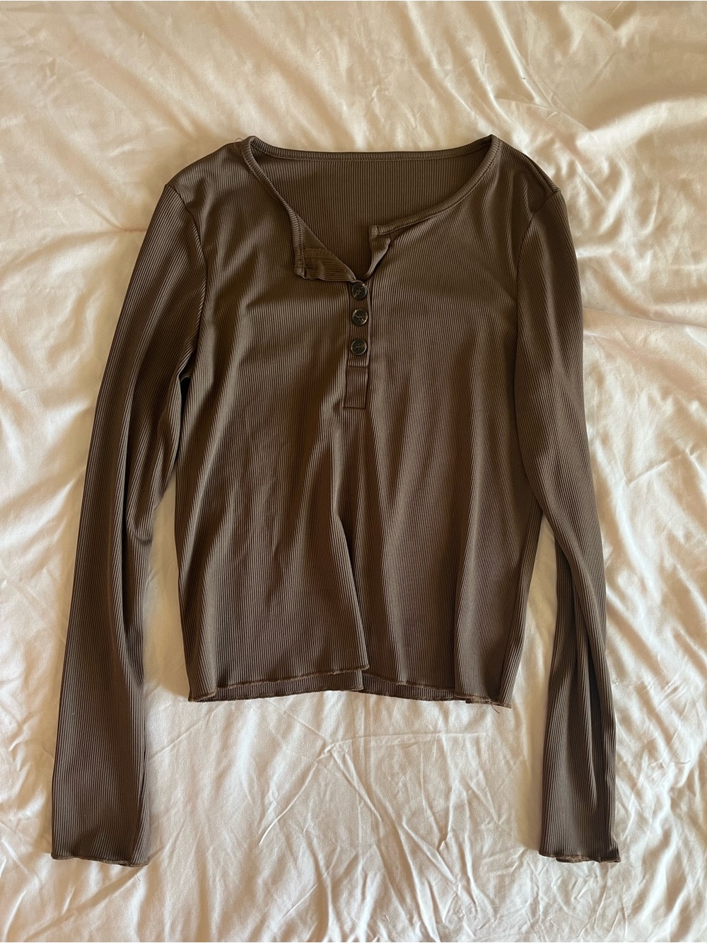 Tilly's Ribbed Long-Sleeve Henley Top in Chocolate Brown